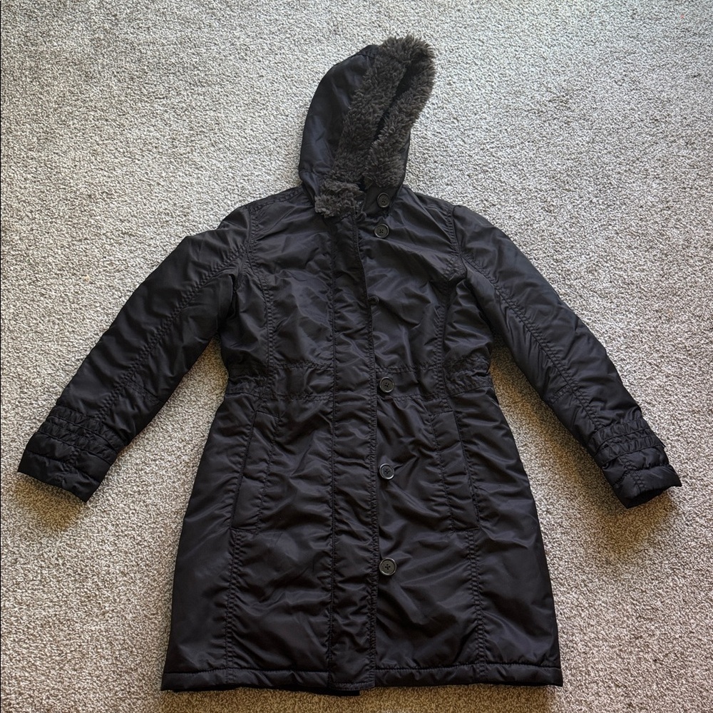 I. Spiewak & Sons Black Hooded Coat with Faux Fur Trim